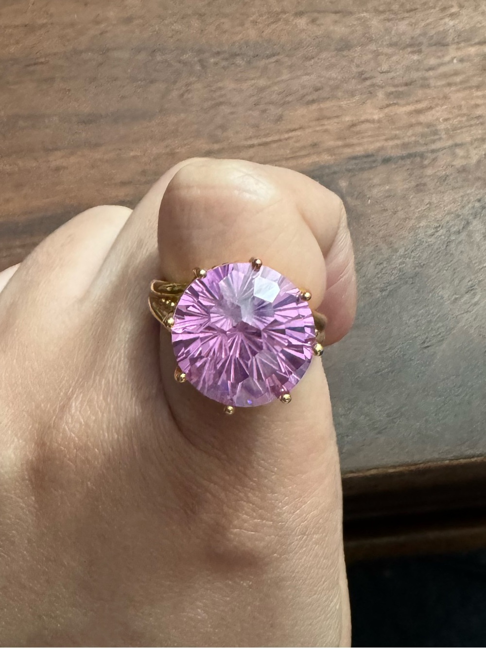 Vintage Nevada Jewelry Silver Mines Faceted Pink Crystal Goldtoned Cocktail Ring